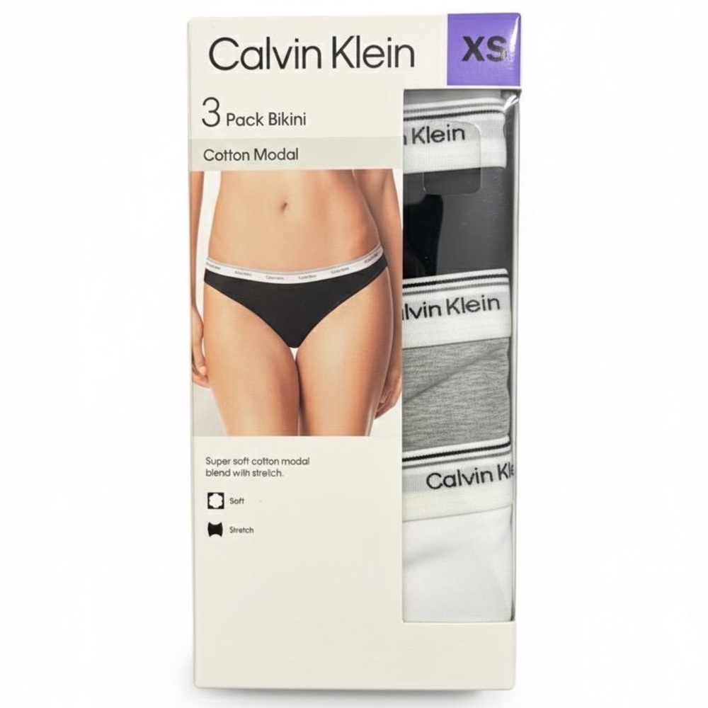 CK Women’s 3-Pack Bikini Cotton Modal XS Black, Gray, White NWT Free Shipping